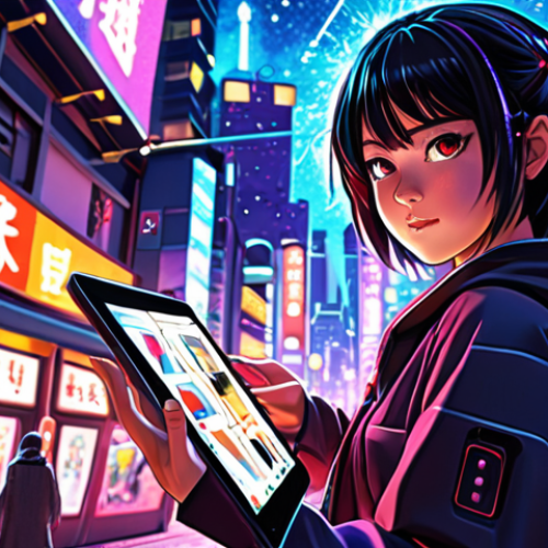"Finding Your Weapon"**

Prompt: Digital illustration, a young artist surrounded by various art styles and tools (brushes, tablets, software icons), determined expression, sparkles, vibrant colors, anime style, dynamic pose, Japanese cityscape background blurred. Keywords: _originality, unique style, digital art, passion, self-discovery,武器(buki)_.

**