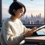 디지털 일러스트 해외 취업 가이드 - **Prompt:** A female digital illustrator in her late 20s, with stylish, short dark hair and wearing ...