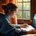디지털 일러스트 공모전 준비법 - **Prompt 1: The Focused Digital Artist**
    "A young adult female digital artist, in her early 20s,...