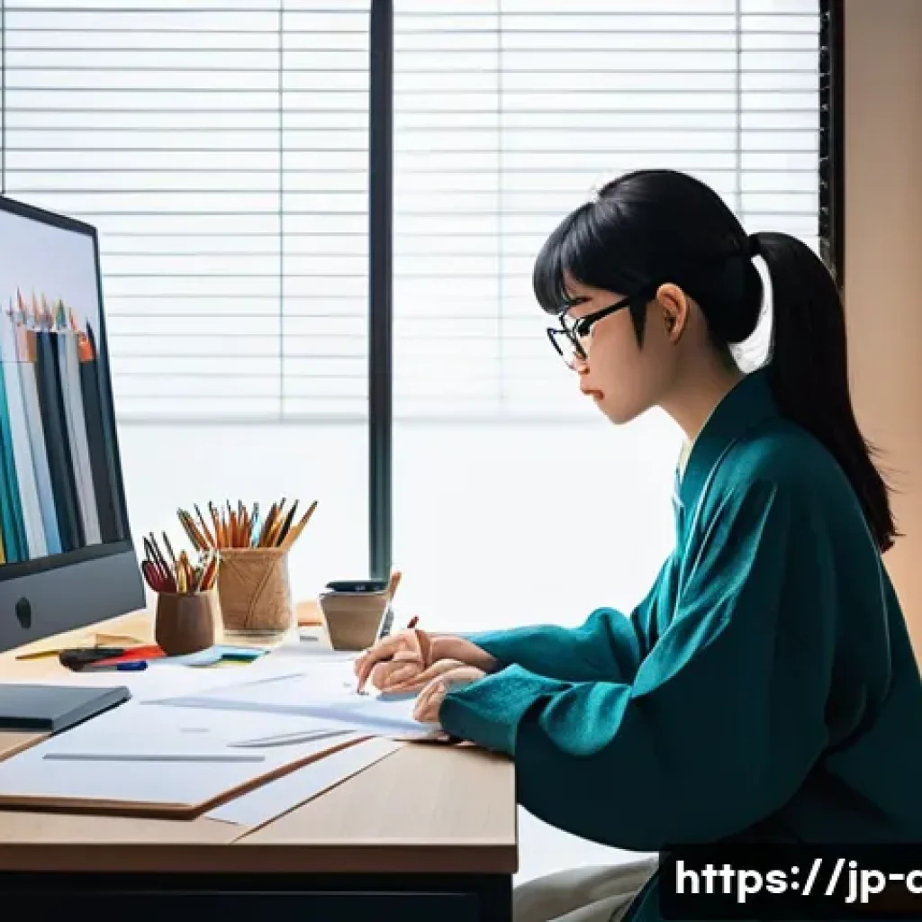 디지털 일러스트 작품 크리틱 받는 방법 - A modern Japanese artist’s studio scene showcasing a young illustrator preparing to receive construc...