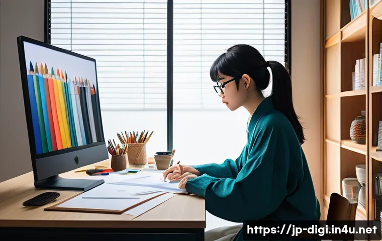 디지털 일러스트 작품 크리틱 받는 방법 - A modern Japanese artist’s studio scene showcasing a young illustrator preparing to receive construc...
