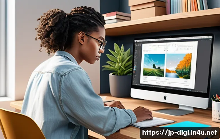 디지털 일러스트레이터로 이직 성공하기 - A detailed digital illustration of a young professional digital illustrator working at a modern desk...