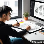 디지털 일러스트레이터 자격증 준비 팁 - A focused young Japanese digital illustrator sitting at a modern desk with a high-quality pen tablet...