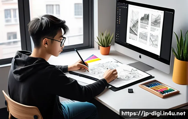 디지털 일러스트레이터 자격증 준비 팁 - A focused young Japanese digital illustrator sitting at a modern desk with a high-quality pen tablet...