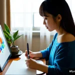 디지털 일러스트레이터로 커리어 시작하는 법 - Photorealistic cinematic scene of a young Japanese digital illustrator beginning her career in a com...